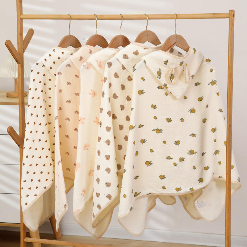 New Beige Children's Animal Print Hooded Bath Towel Four-Layer Cotton