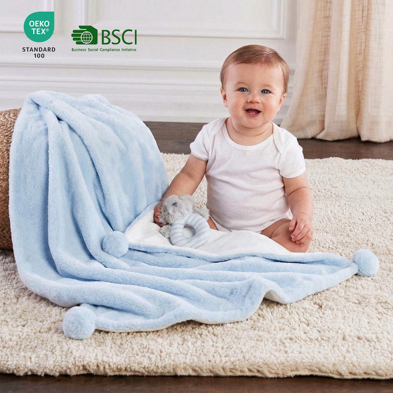 Luxurious Soft Baby Blanket with Cute Pom Poms Dual Layer Newborn