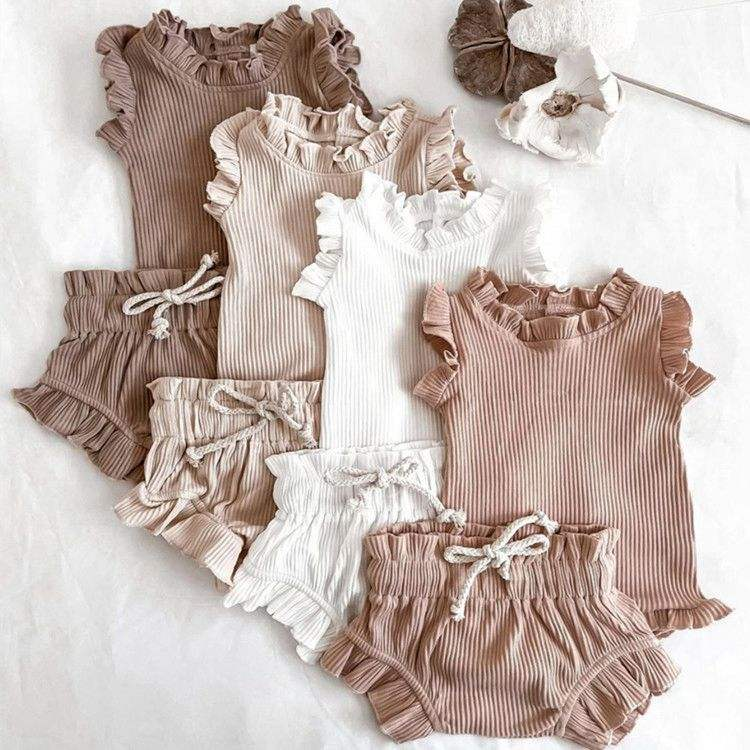 Newborn Baby Summer Cotton Infant Lotus Leaf Pants Romper Set Baby