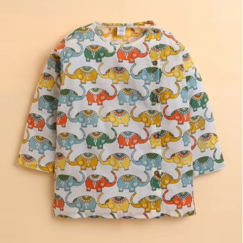 Baby Boys Elephant Print Kurta Pajama Set Soft Cotton Ethnic Outfit