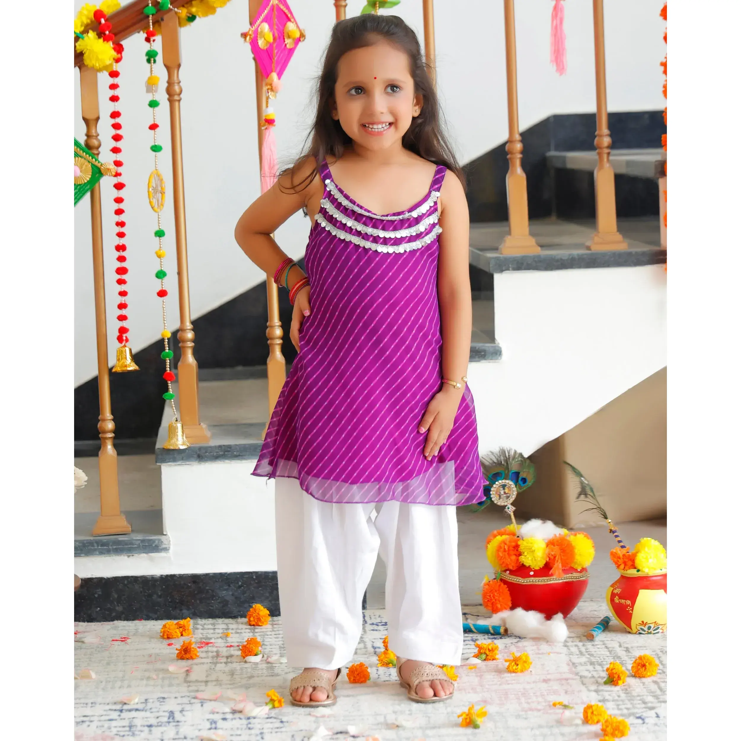 Purple Pure Chiffon Leheriya Kurta Set Baby Girls Embroidered Ethnic