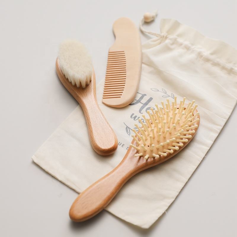 Newborn Baby Natural Soft Wool Bristle Wooden Bamboo Hairbrush Comb Set