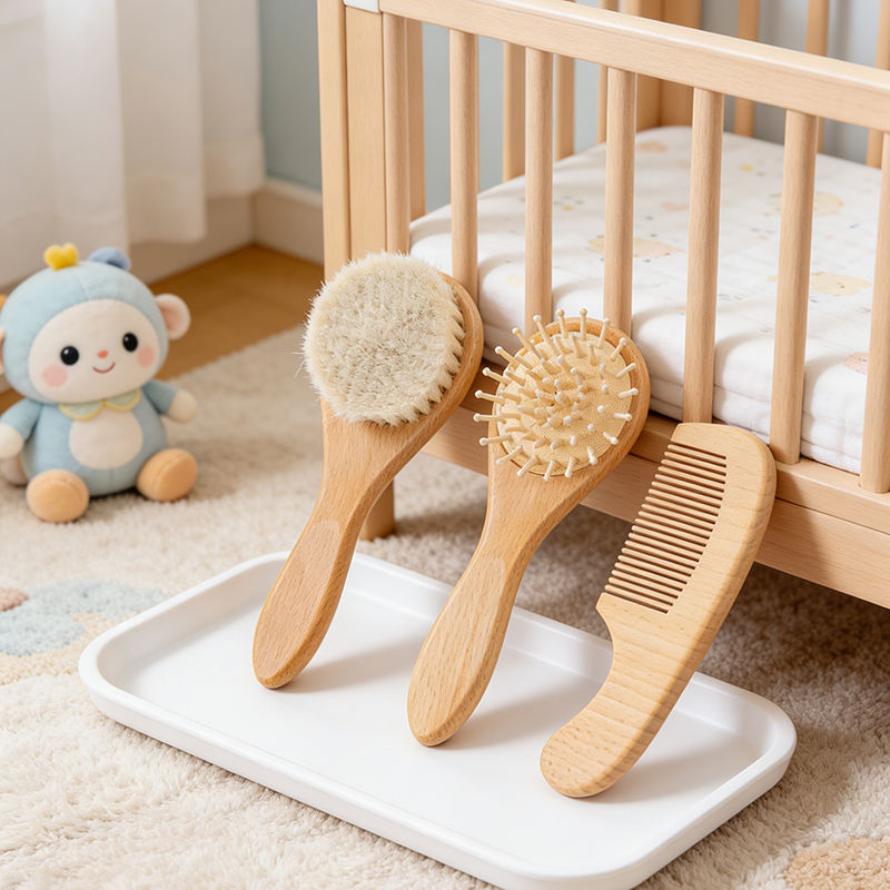 Natural Soft Bristle Baby Hair Brush Comb Set for Newborns and Toddlers