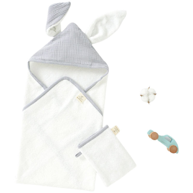 Bunny Ear Solid Color Muslin Cotton and Terry Towelling Baby Hooded