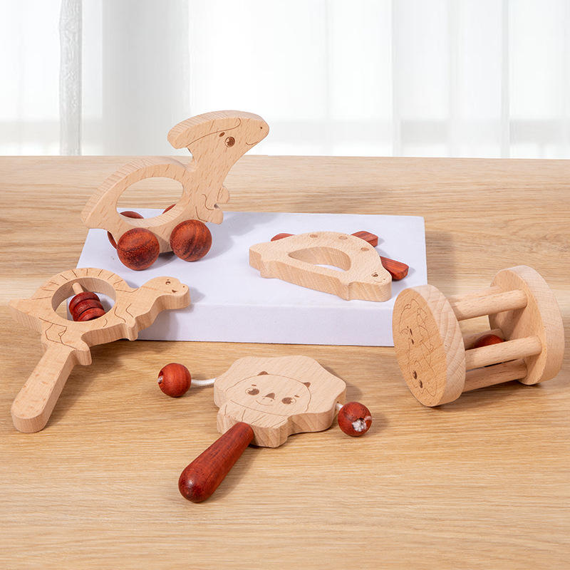 Montessori Sensory Dinosaur Rattle Educational Wooden Baby Toy with