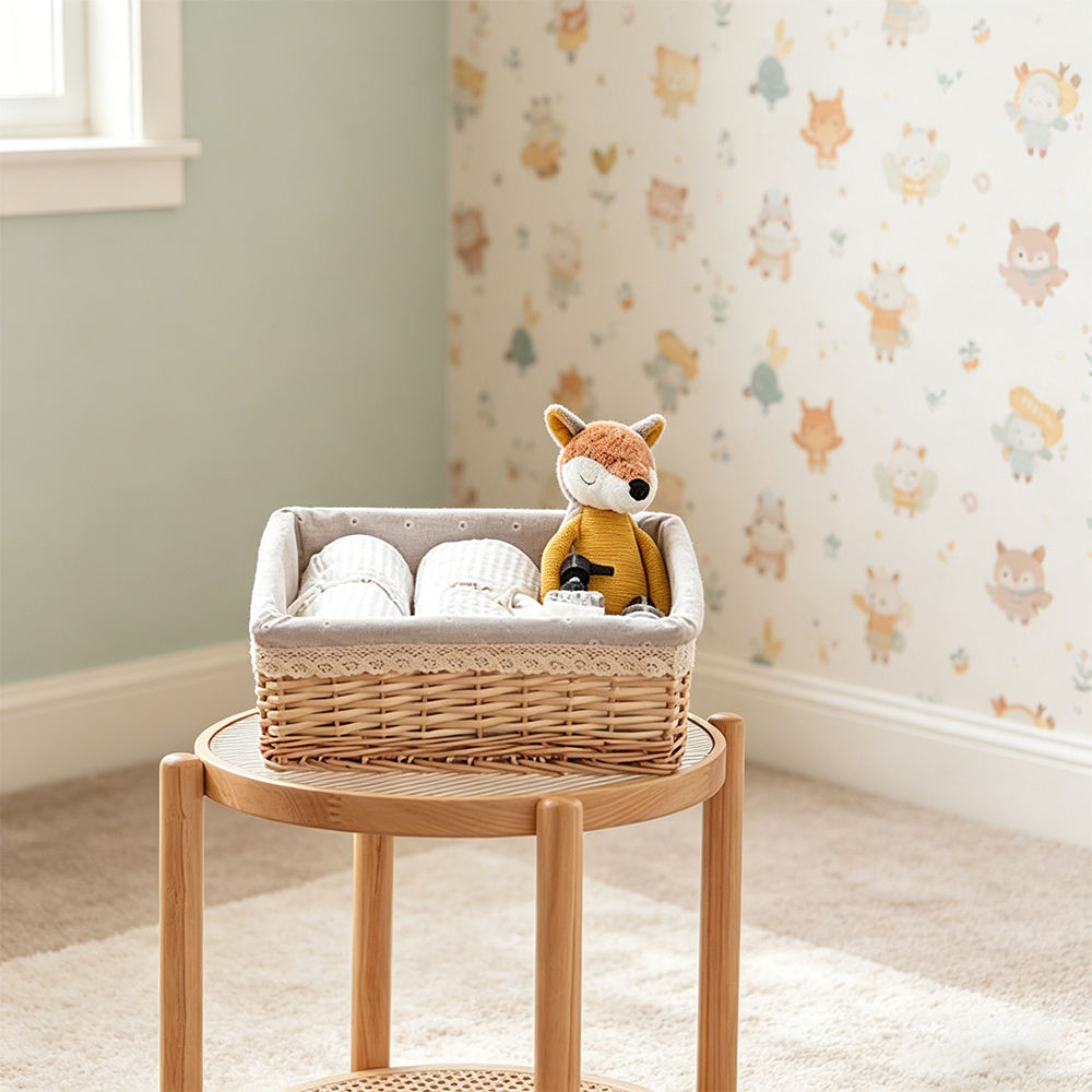 Rectangular Willow Wicker Basket with Removable Cloth Insert for Kids