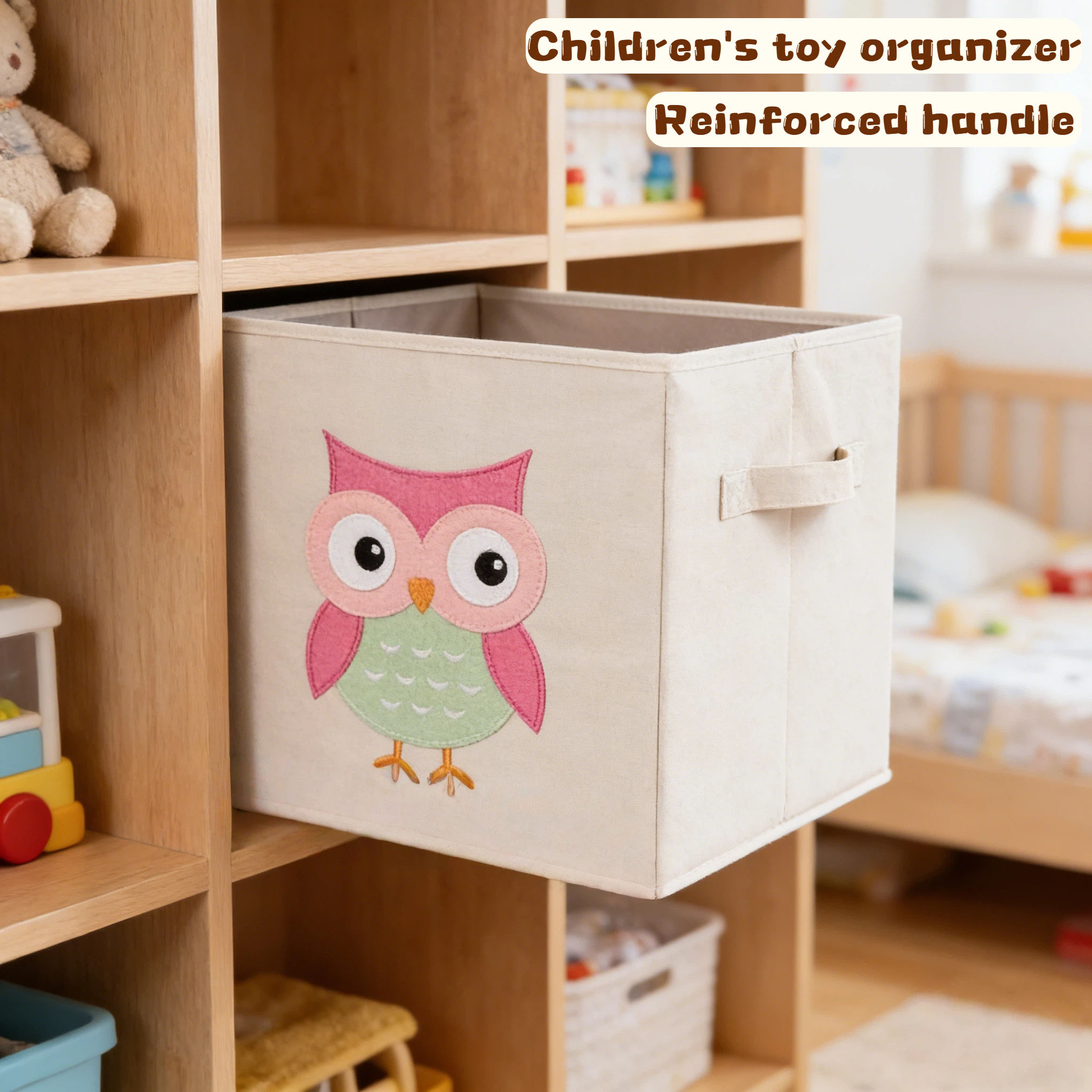 Cute Owl Felt Applique Foldable Fabric Storage Cube, Kids Toy Organizer