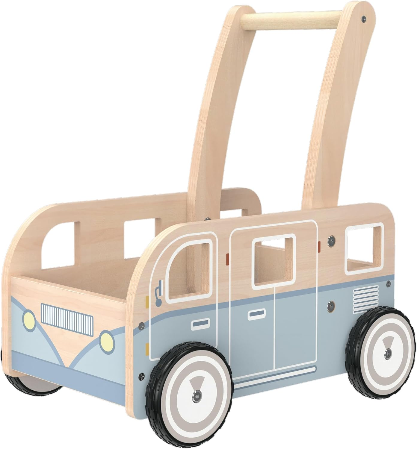 Blue Wooden Baby Walker Stand & Learn Push Walker for Toddlers Bus