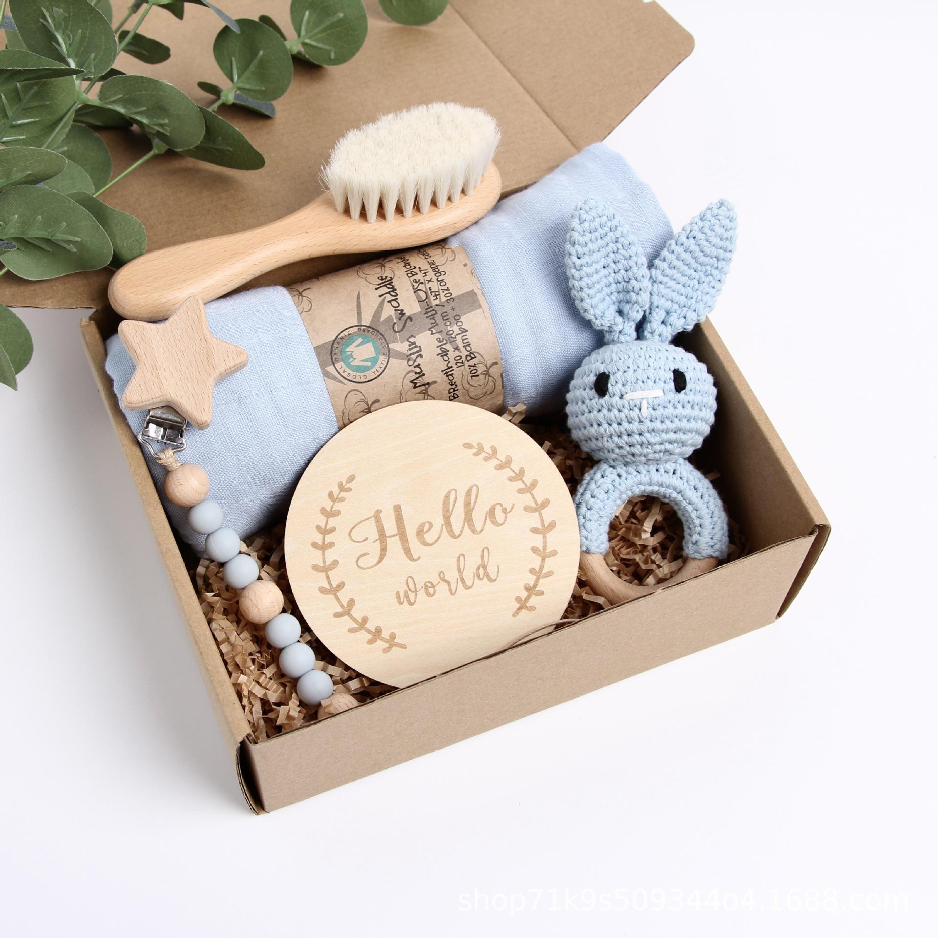 Baby Crochet Wooden Rattle Set Newborn Gift Box Pacifier Chain Blanket