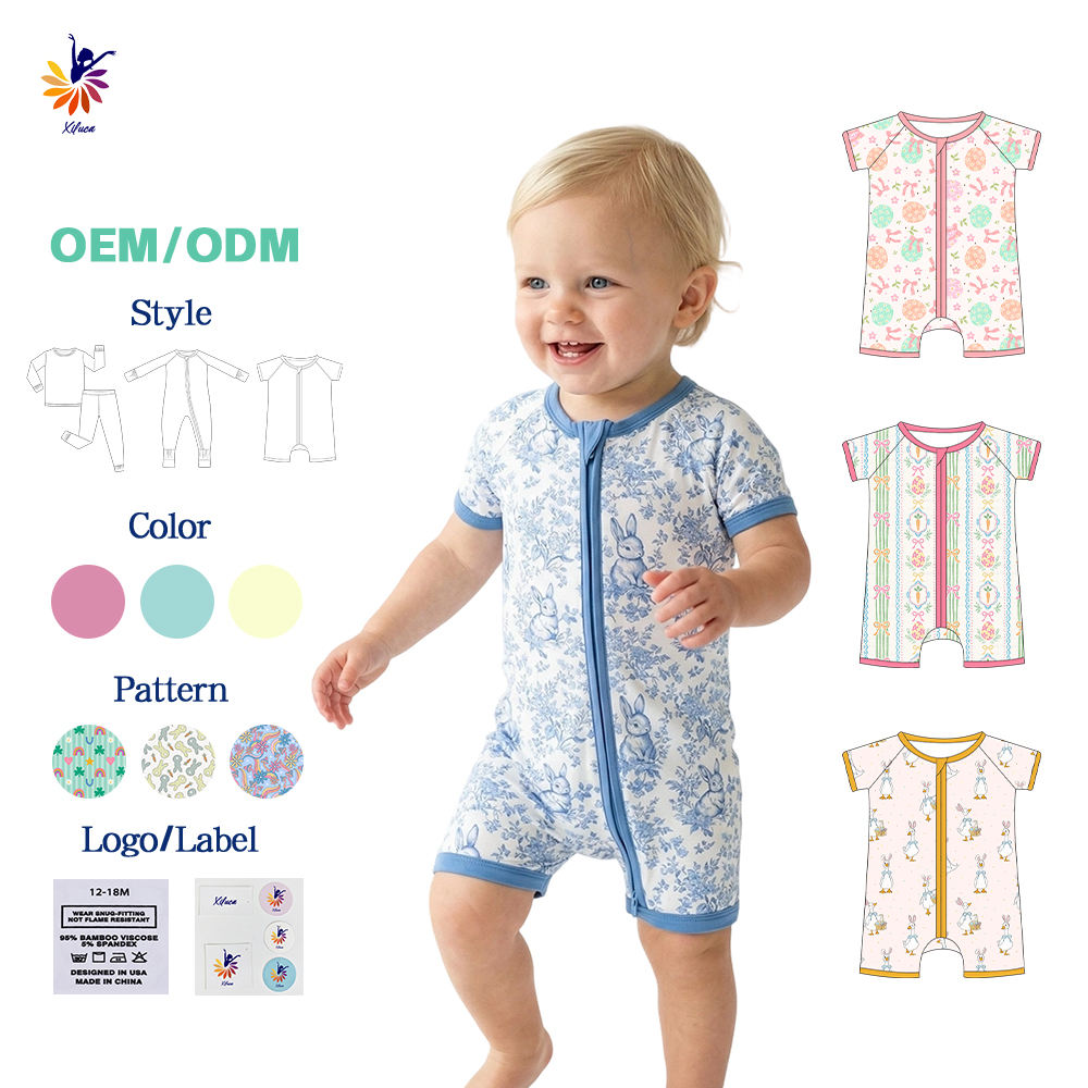 Bamboo Baby Short Sleeves Jumpsuits Newborn Printed Zipper Pajamas
