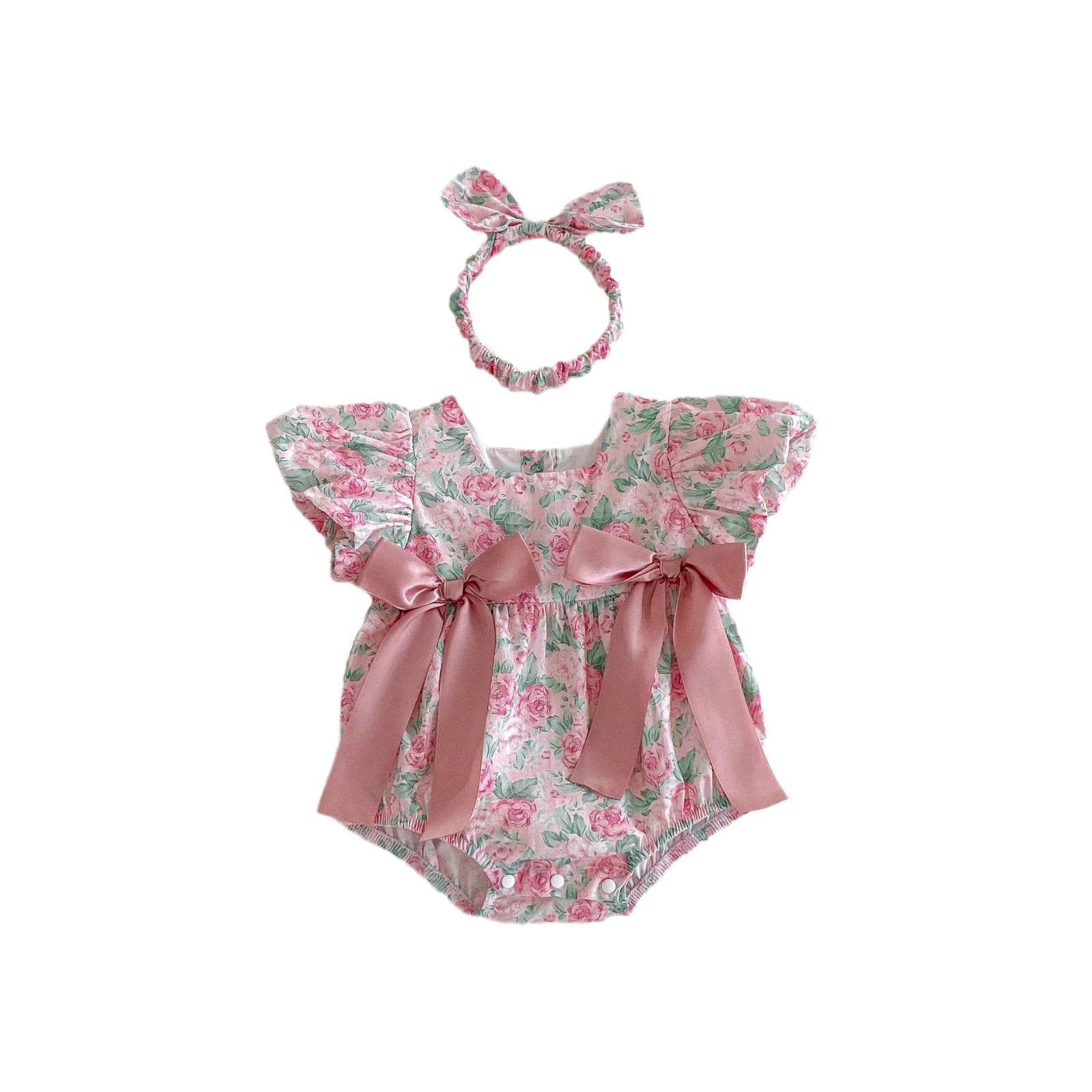 Sweet Baby Girls Jumpsuit Summer Rose Printed with Bow Cotton Romper