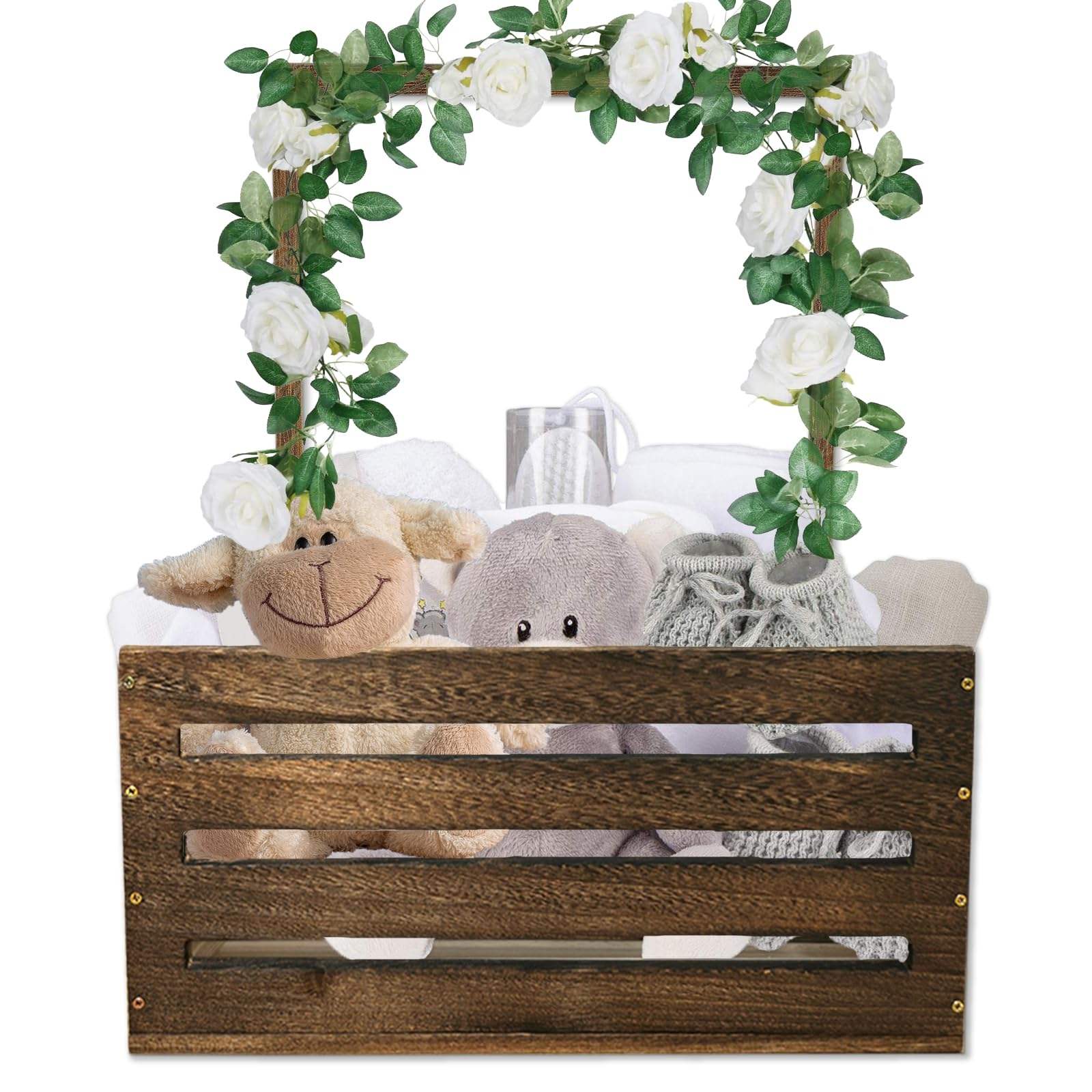 Wooden Baby Basket with Handle Engraved Storage Crate Hamper Baby