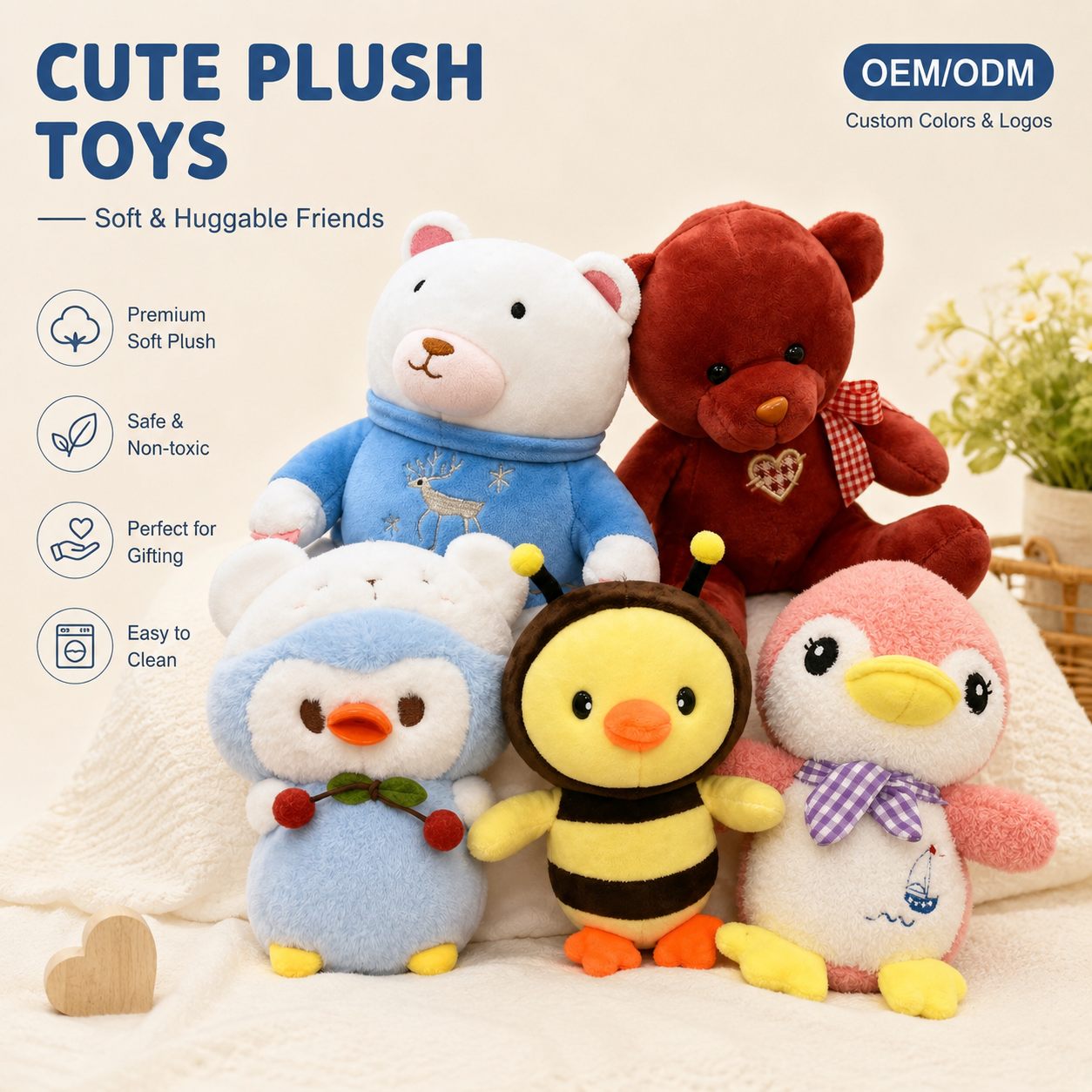 Cute Plush Toys Soft Stuffed Animal Dolls Plush Penguin Bee Bear Gifts
