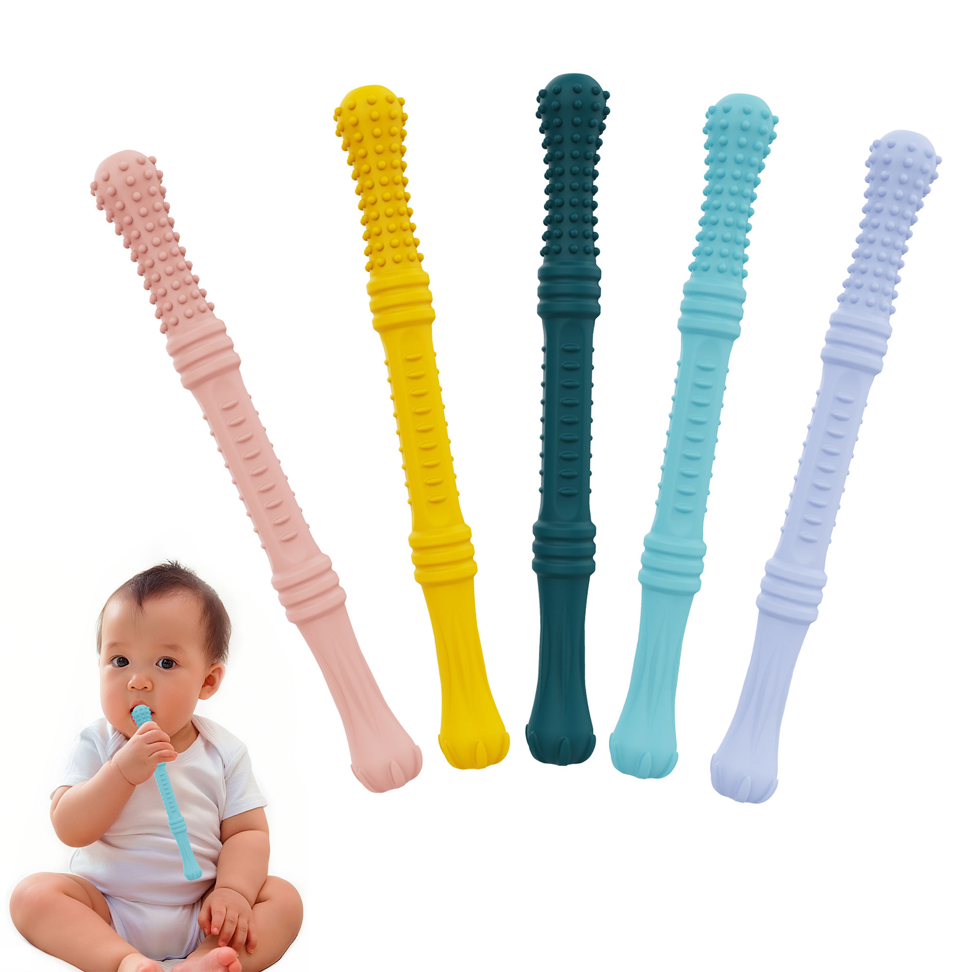 Soft Silicone Hollow Teething Sticks Chew Straw Toy Dishwasher Safe and