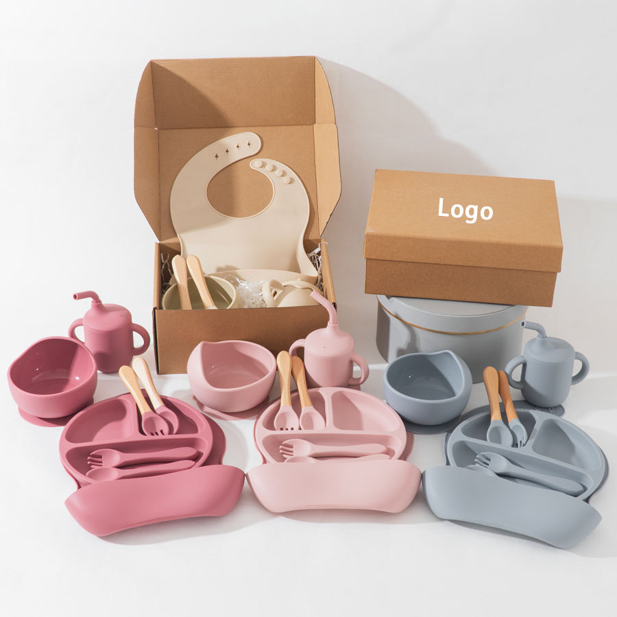 Silicone Baby Feeding Set Kids Dining 8Pcs with Suction Bowl Divided